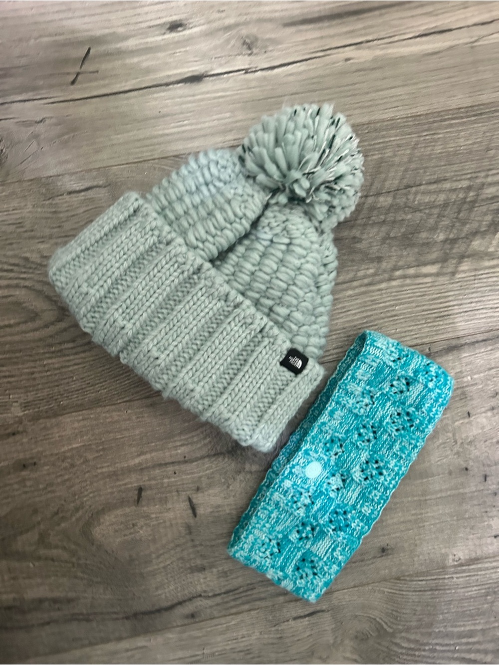 The North Face Mint Knit Pom Beanie with Champion Turquoise Headband